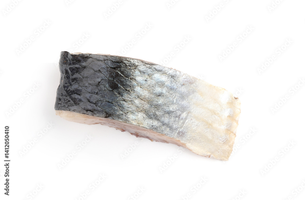 Piece of delicious herring isolated on white, top view