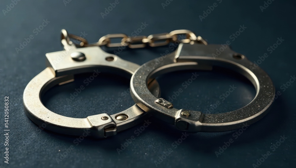 Metallic handcuffs with open clasps on a dark background, showcasing the metal's texture and structure, , metallic Metallic handcuffs with open clasps on a dark background, showcasing the metal's texture and structure, , metallic
