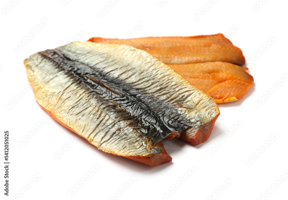 Delicious smoked herring fillets isolated on white Delicious smoked herring fillets isolated on white