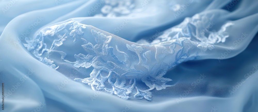 custom made wallpaper toronto digitalBlue chiffon fabric with lace detail, draped, close-up, textile background, fashion design