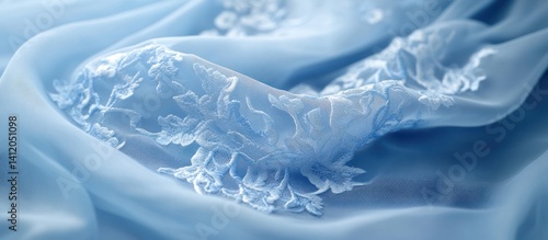 Wallpaper Mural Blue chiffon fabric with lace detail, draped, close-up, textile background, fashion design Torontodigital.ca