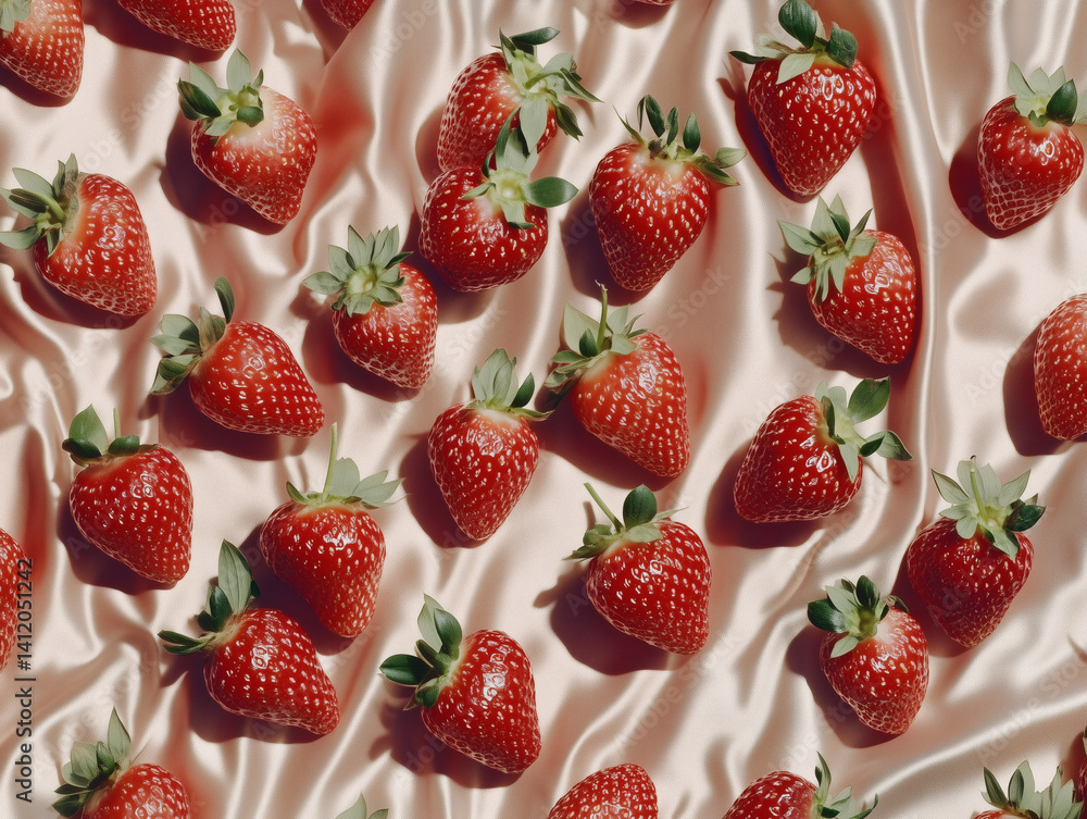 Strawberries on Beige Satin Fabric – Luxurious Fine Art Food Photography. Pattern Strawberries on Beige Satin Fabric – Luxurious Fine Art Food Photography. Pattern