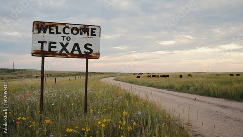 Cattle country, signpost welcoming traveler to Texas.