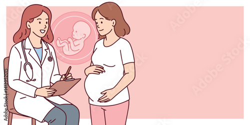 Female doctor sits beside pregnant woman discussing fetus and pregnancy health during prenatal consultation in medical office. space for text
