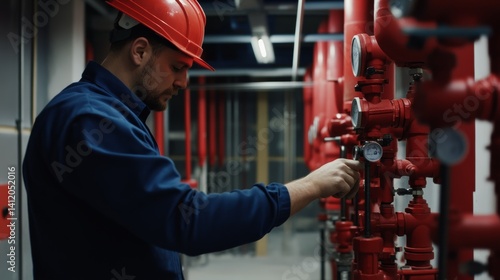 Technician inspecting the installation of fire sprinklers in a building. Featuring safety and technical expertise