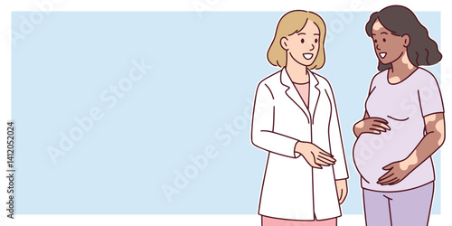 White female doctor talking with pregnant Black woman during medical consultation, patient holding belly and listening to healthcare advice. space for text
