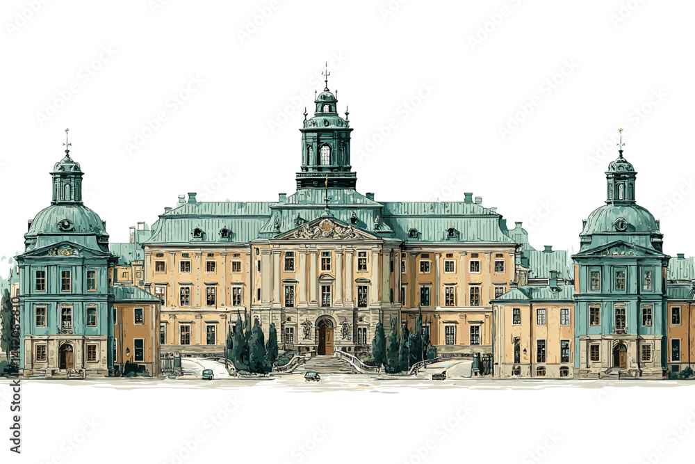 Obraz premium Detailed vector of a royal European palace with domes, symmetrical facade and stairs. Elegant architecture with vintage charm