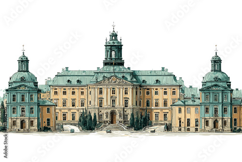 Detailed vector of a royal European palace with domes, symmetrical facade and stairs. Elegant architecture with vintage charm