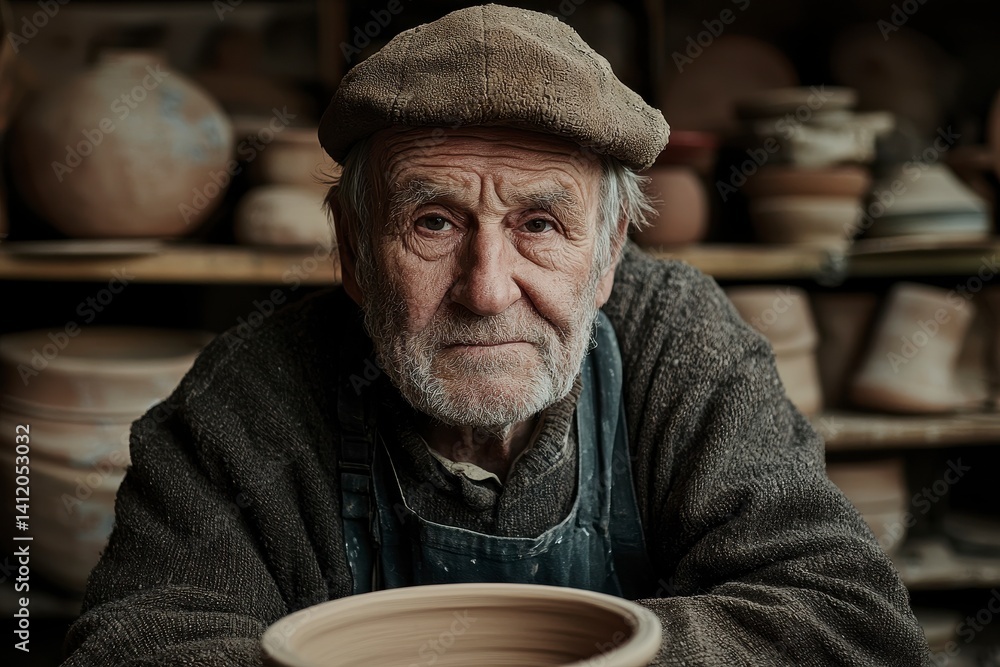 Elderly Potter in His Workshop, Hands on Clay Elderly Potter in His Workshop, Hands on Clay