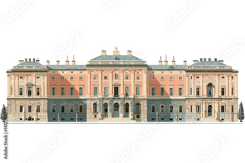 Vector illustration of a neoclassical pink palace with grand staircases and symmetrical windows. Soft pastel tones and clean architectural lines