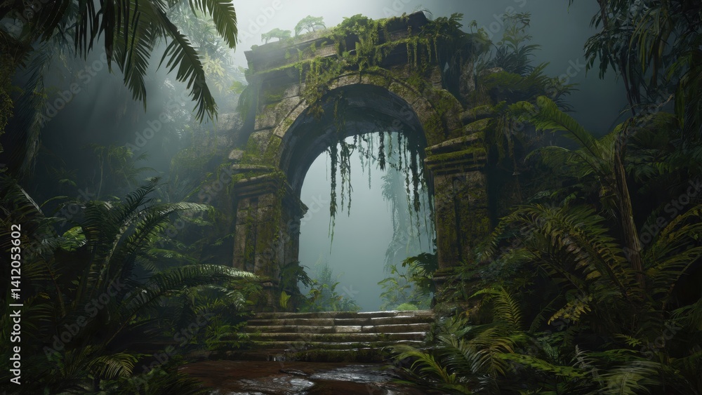 Obraz premium Ancient stone archway in a dense jungle, leading to an unknown adventure.