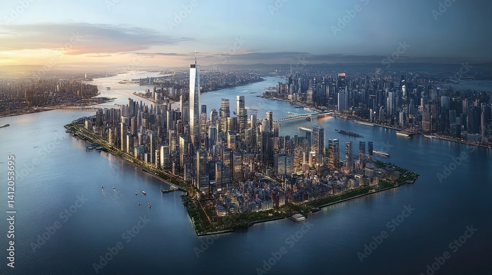 Naklejka premium Aerial view of Lower Manhattan's skyline at sunrise.