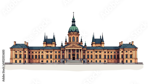 Vector drawing of a classical palace with a green dome and symmetrical wings. Elegant baroque architecture with balanced proportions and clear detail