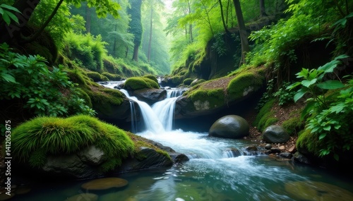 Misty water cascading over moss-covered rocks amidst dense jungle foliage, forest, scenery