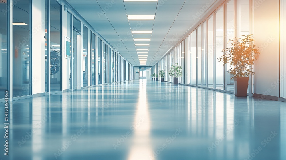 Empty modern office hallway. Sunlight streams through large windows Empty modern office hallway. Sunlight streams through large windows