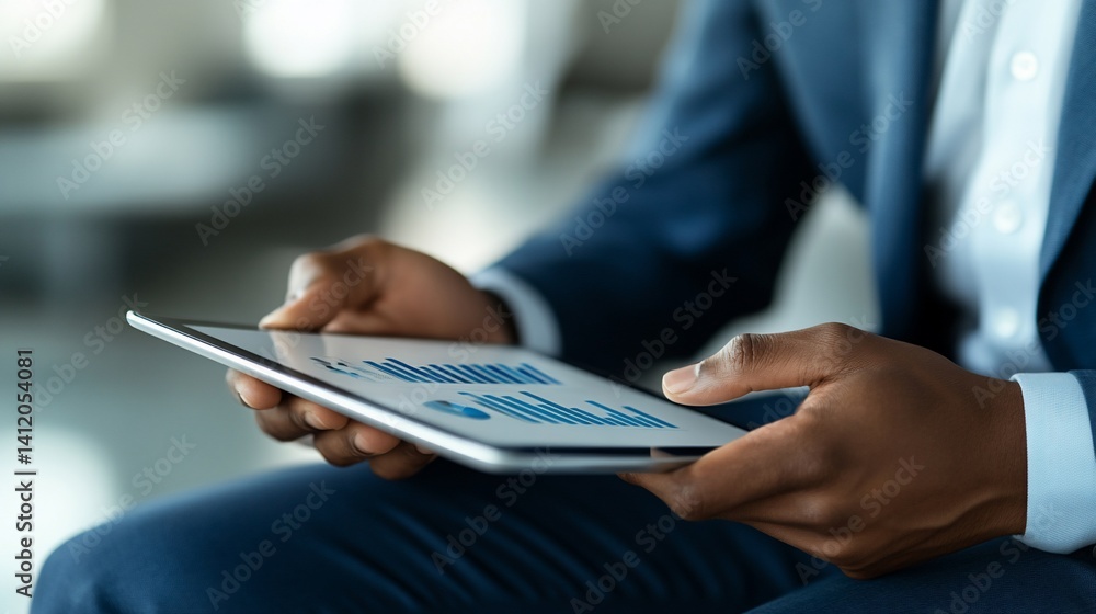 Man reviews data graphs on tablet, sitting in a bright, blurred office space