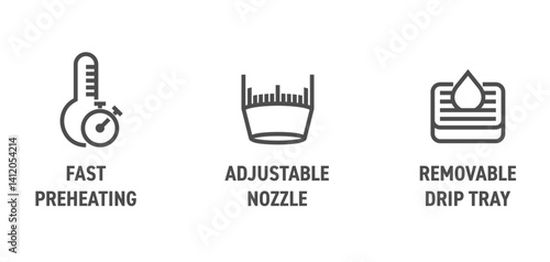Coffee machine icons - Fast preheating, Adjustable nozzle, Removable drip tray. In bold line