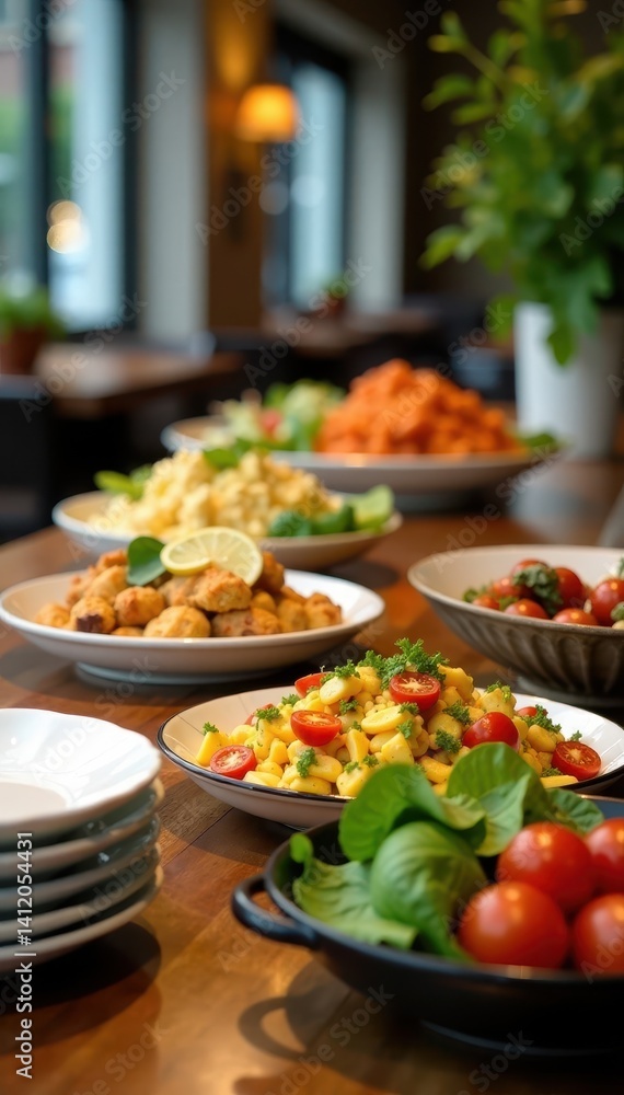 Modern catering setup with neatly stacked plates and serving dishes, clean modern catering, restaurant setup