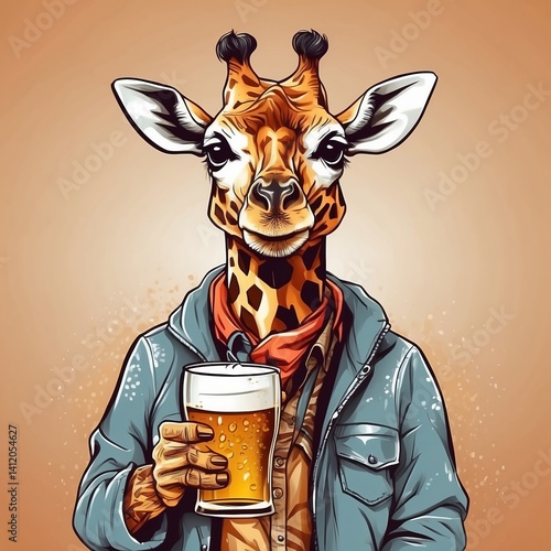 Cute baby giraffe beer mug Vector Logo little animal character, illustration simbol print