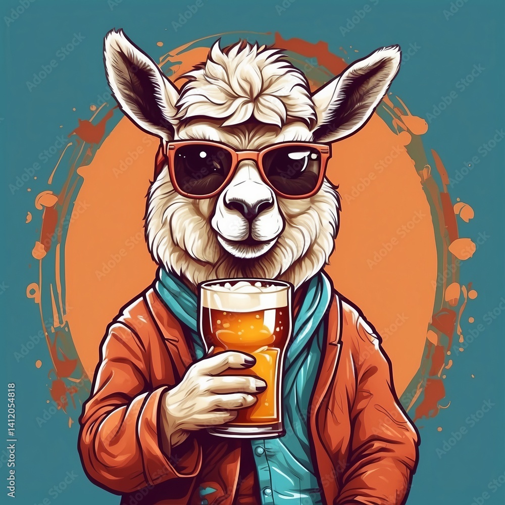 Fototapeta premium Cute baby lama beer mug Vector Logo little animal character, illustration simbol print