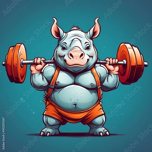 Cute baby rhinoceros gym barbell Vector Logo little animal character, illustration simbol print