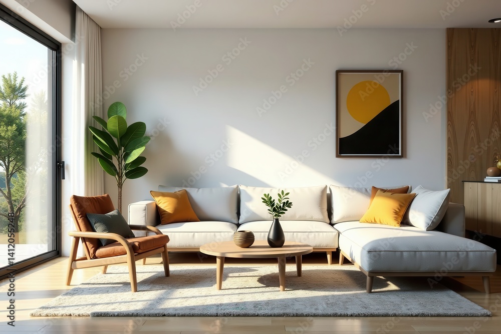 Fototapeta premium Modern living room with natural wood accents and a geometric patterned rug, modern sofa, clean architecture