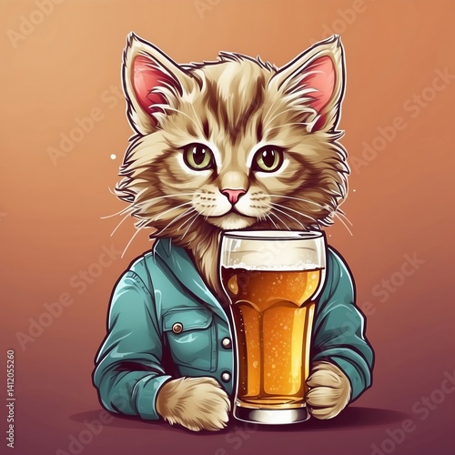 Cute baby kitten mug of beer Vector Logo little animal character, illustration simbol print