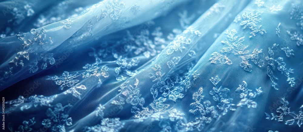 Blue lace fabric texture, draped folds, close-up, wedding dress detail