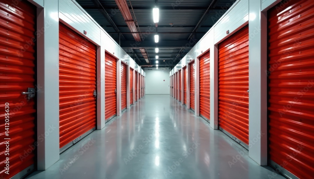 Modern self storage unit with closed door and high ceiling, storage units, metal doors Modern self storage unit with closed door and high ceiling, storage units, metal doors