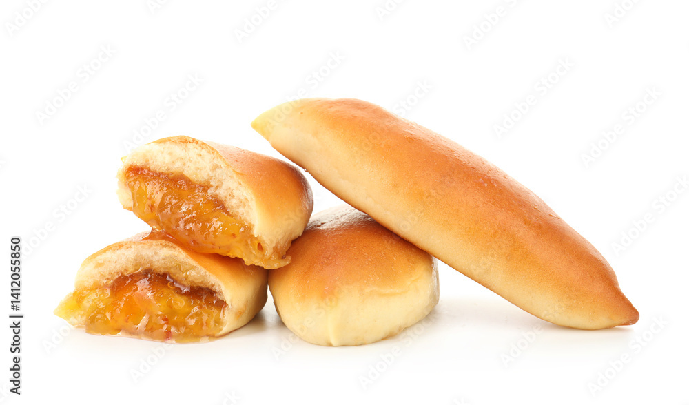 Tasty baked patties with orange jam isolated on white Tasty baked patties with orange jam isolated on white