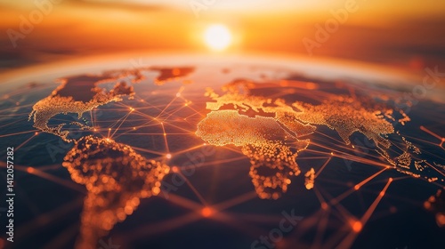 Global network connections at sunset, orange and red hues, detailed world map, illuminated lines, digital network concept, worldwide communication, fiery sunset backdrop, technology and earth. 