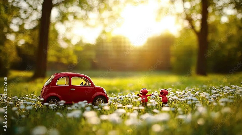 Miniature red car in a sunlit meadow with tiny figures. Miniature red car in a sunlit meadow with tiny figures.