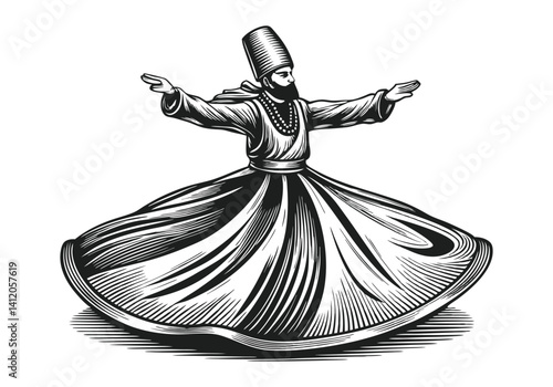 Black and white engraving of a whirling dervish in dynamic spinning motion with detailed robe, hat, and spiritual expression in woodcut style

