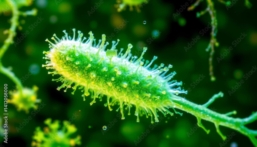 Fototapeta premium Microscopic green bacteria with hair like structures, showcasing intricate details and vibrant