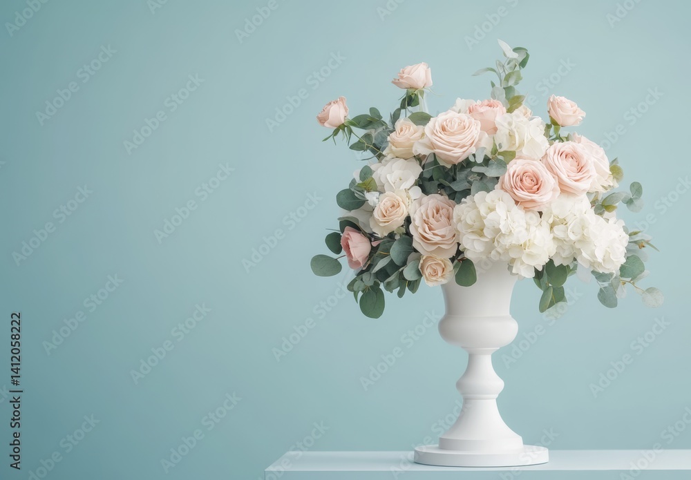 Fototapeta premium Elegant arrangement of peach and white roses, hydrangeas, and eucalyptus in a white urn against a light teal background.