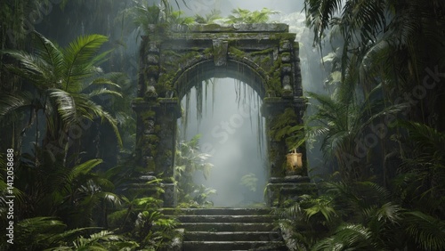 Ancient jungle temple entrance with moss-grown stone steps and arch.