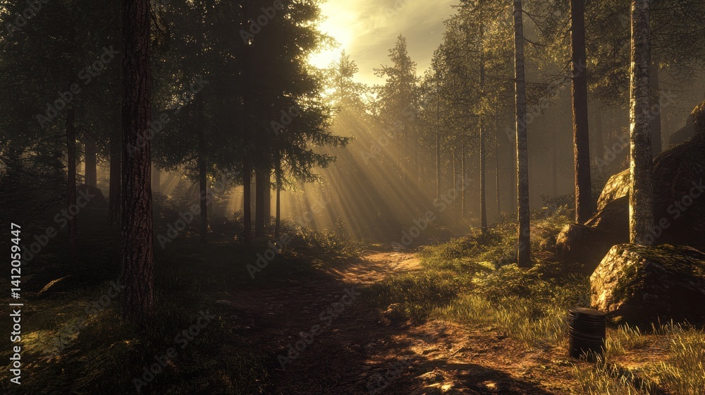 Obraz premium Sunbeams Illuminating a Misty Forest Path