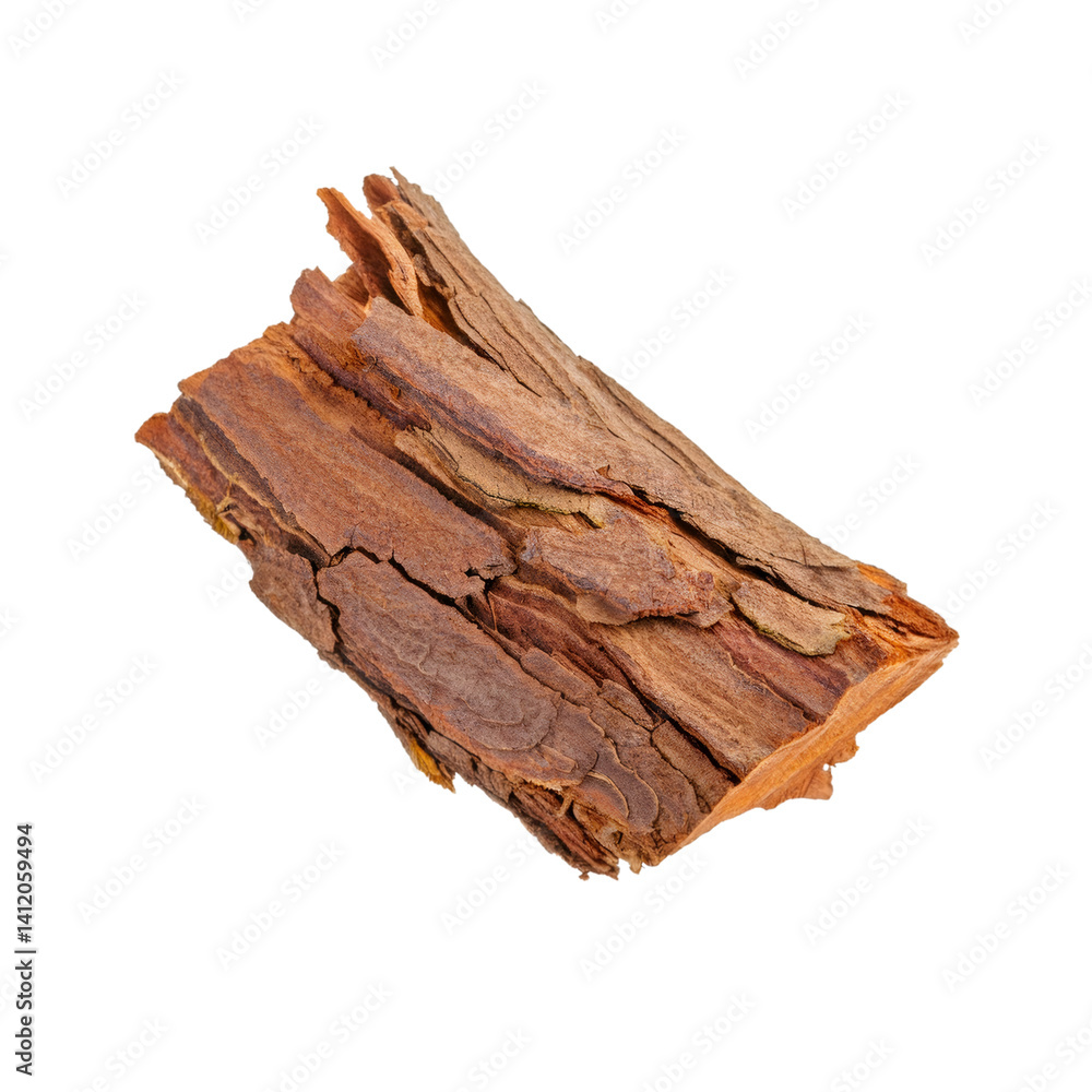 Close up of bark chip floating on a transparent background, perfect for graphic design projects