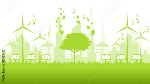 Sustainable energy green eco city in flat design vector illustration good for web banner, ads banner, campaign banner, wallpaper, backdrop and green campaign