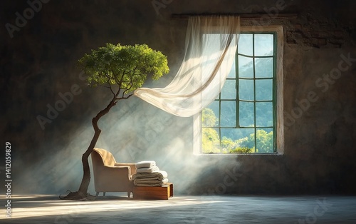 Tranquil room with a small tree and a comfy armchair by a large window