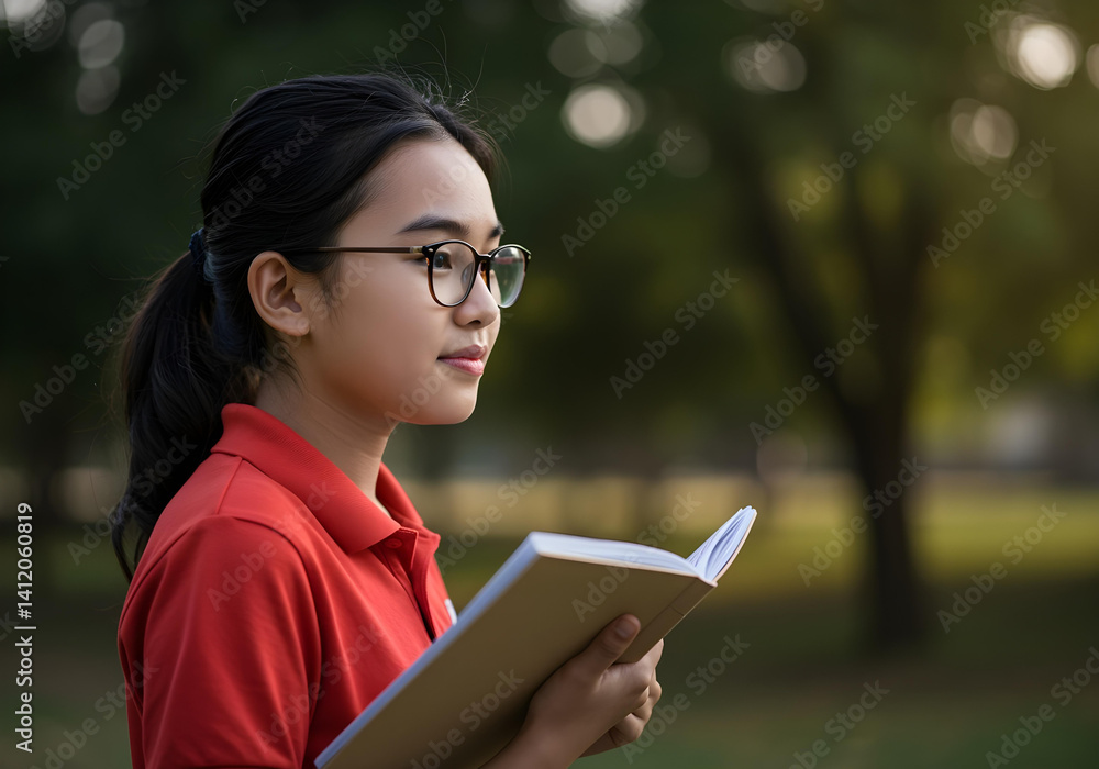Fototapeta premium focused asian female student with glasses reading book in peaceful green park during golden hour natural lighting 