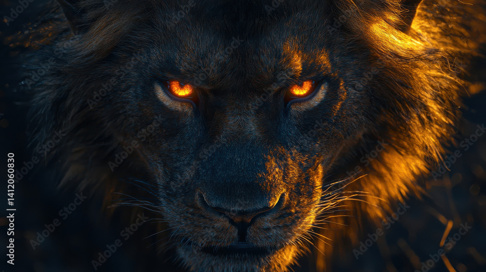 Naklejka premium Fiery eyed lion close up with glowing mane in dramatic lighting