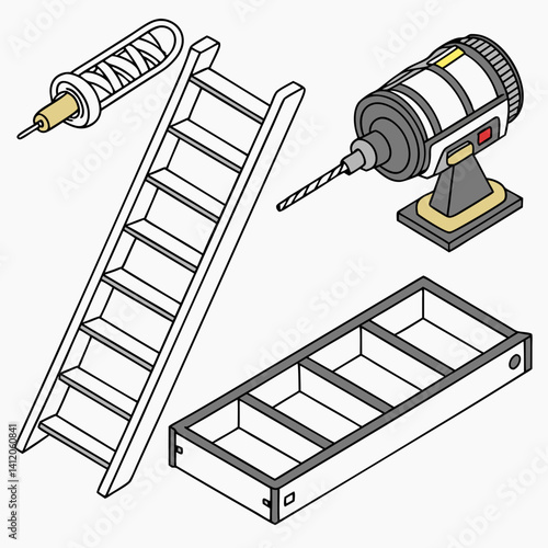 Isometric Construction Equipment Including Ladder Drill Bit And Box Illustration