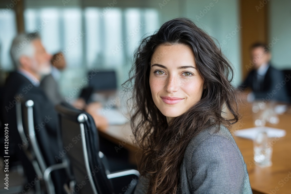 A smiling businesswoman poses, with colleagues out of focus during a corporate meeting. A smiling businesswoman poses, with colleagues out of focus during a corporate meeting.