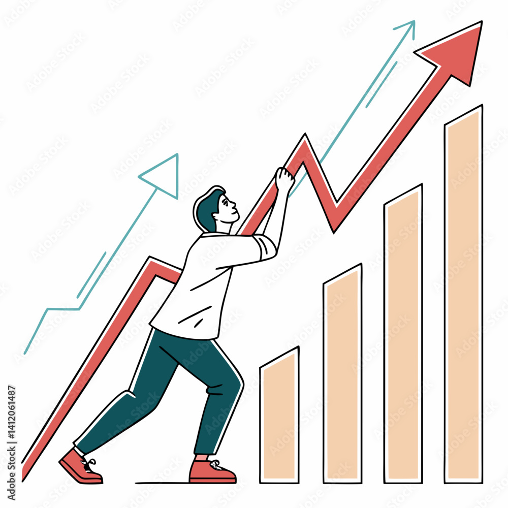 Man Pushing Upwards Graph Showing Business Growth And Success Strategy Man Pushing Upwards Graph Showing Business Growth And Success Strategy