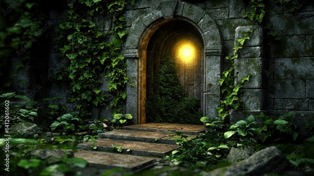 Fototapeta premium Ancient overgrown doorway, mystical light, stone walls, lush foliage