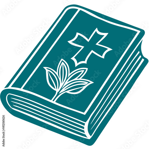 Simple icon of a closed book with a cross and leaf design  