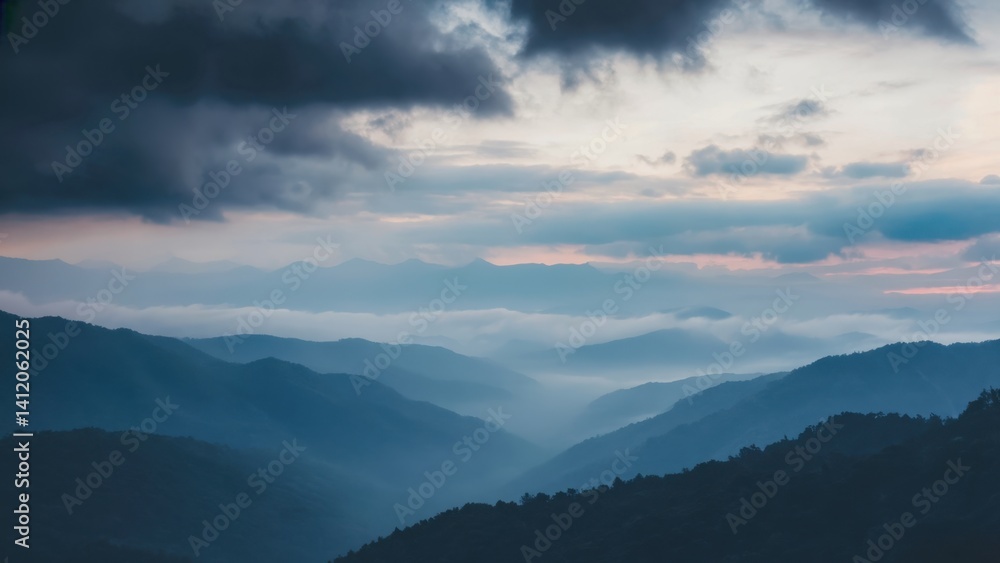 Obraz premium Majestic mountains in mist during sunset.