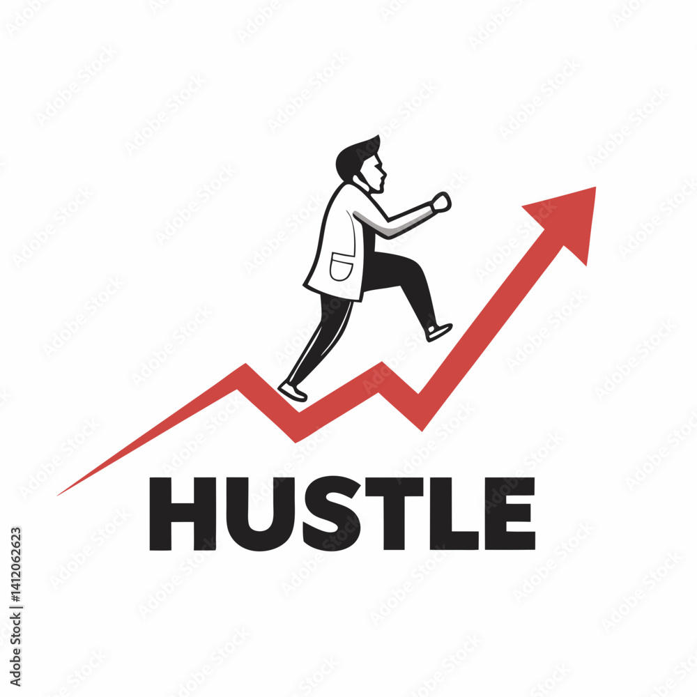 Fototapeta premium Hustle Vector Graphic Man Climbing On Arrow Towards Success And Achievement
