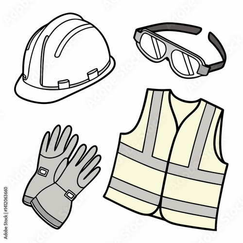 Construction Safety Equipment Illustration Including Hard Hat Gloves Vest And Safety Glasses